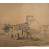 Antique French Pencil Drawing Rural Rustic Architecture Buildings House Farmhouse Study Art Wall Decor c1887