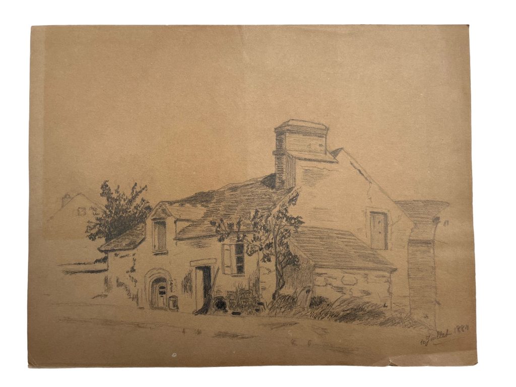 Antique French Pencil Drawing Rural Rustic Architecture Buildings House Farmhouse Study Art Wall Decor c1887