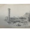 Antique French Italian Pencil Drawing Rural Rustic Architecture Buildings House Tower Study Art Wall Decor c1902