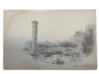 Antique French Italian Pencil Drawing Rural Rustic Architecture Buildings House Tower Study Art Wall Decor c1902