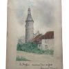 Antique French Pencil Drawing Rural Rustic Architecture Buildings House Tower Study Art Wall Decor c1900's