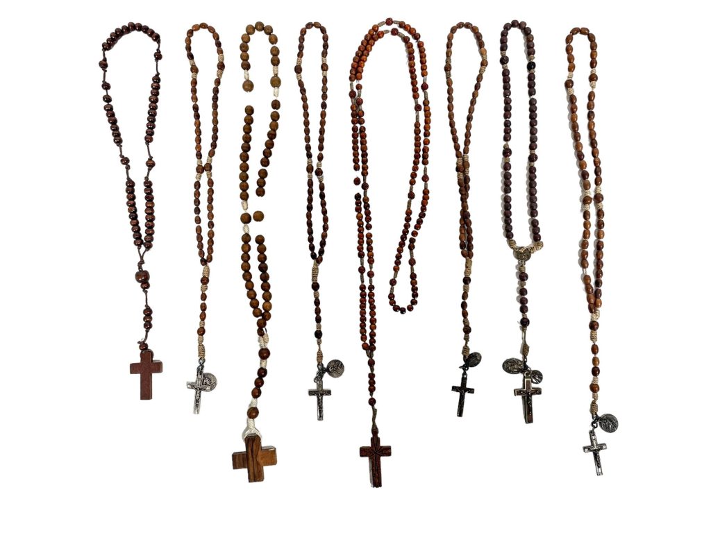 Vintage French Rosary Crucifix Necklace Wooden Beads Lourdes Souvenir Collectio Job Lot circa 1970-80’s