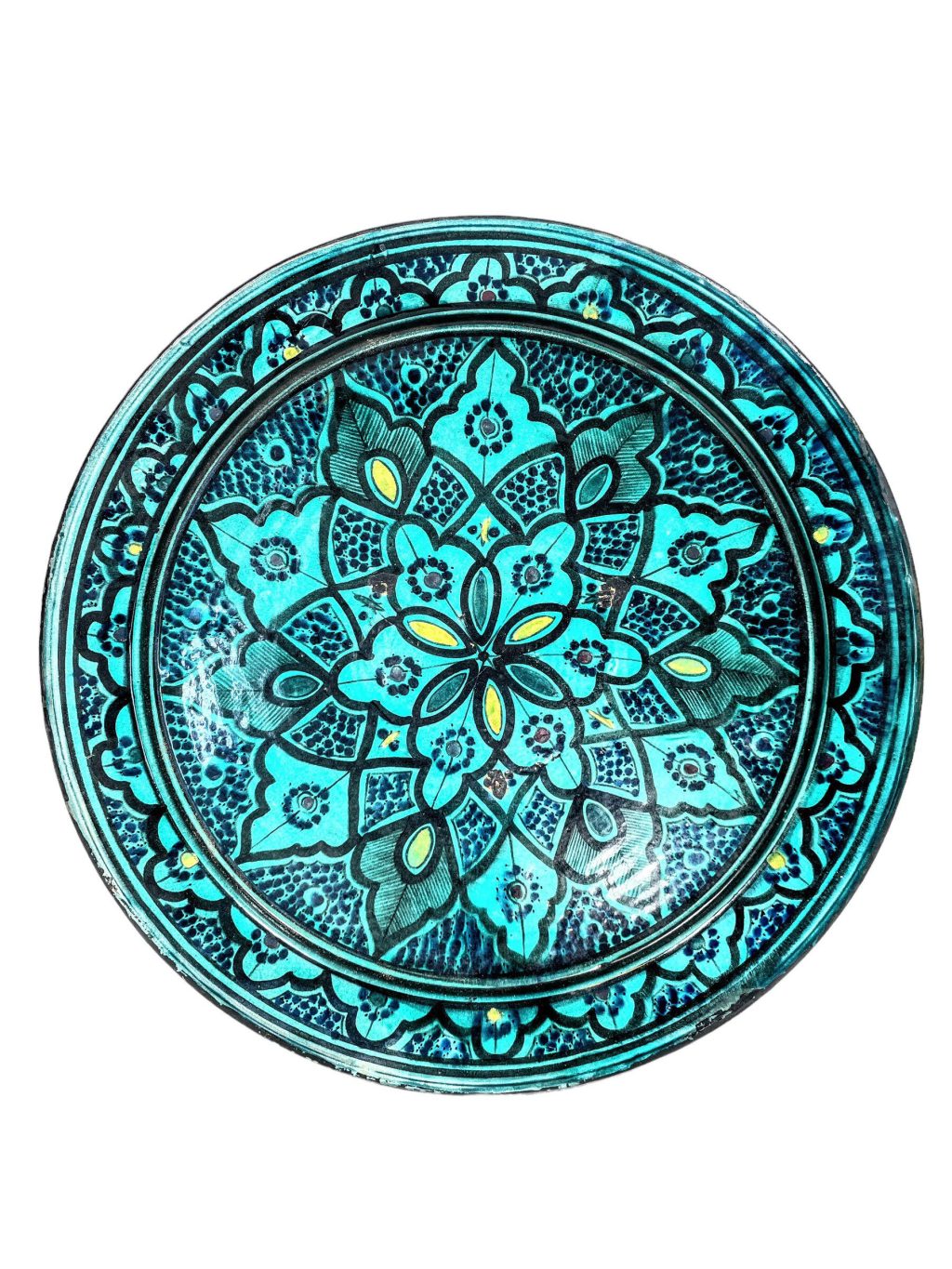 Vintage Moroccan Safi Large Turquoise Blue Yellow Black Worn Terracotta Pottery Dish Plate Bowl Storage Arabian Prop Display c1970’s