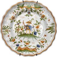 Antique Spanish Faience Hand Painted Decorative Wall Hanging Dish Plate Stoneware Blue Green Brown Serving c1900's