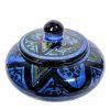 Vintage Moroccan Small Blue Black Painted Pottery Lidded Pot Container Salter Storage Arabian Display Scene Prop c1980-90's