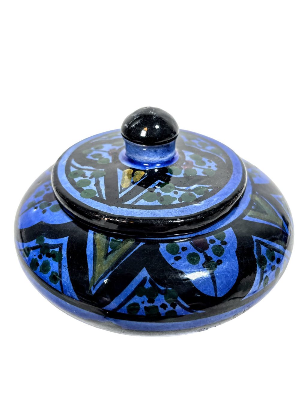 Vintage Moroccan Small Blue Black Painted Pottery Lidded Pot Container Salter Storage Arabian Display Scene Prop c1980-90's