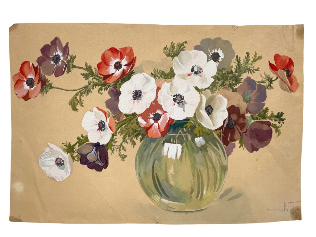 Vintage French “Popping” Flowers Still Life Watercolour Painting Drawing On Paper Wall Decor Decoration c1960-70’s