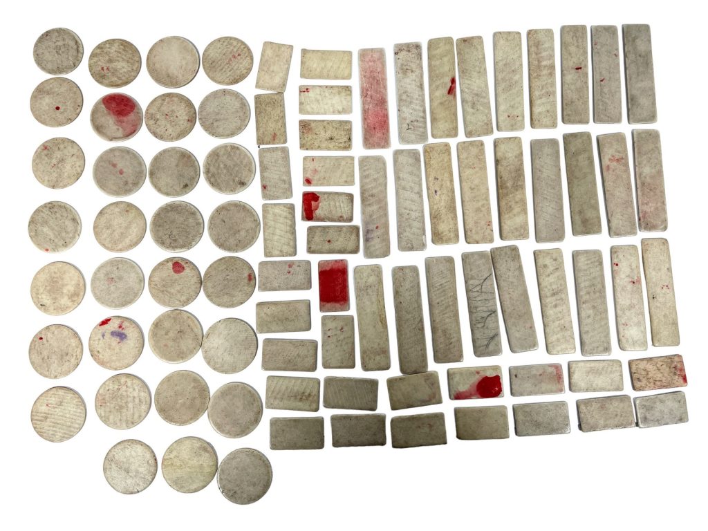 Antique French Carved Bone Mixed Collection x 87 Circular Gaming Chips Counters Tokens Token Games Gambling Chip c1910’s