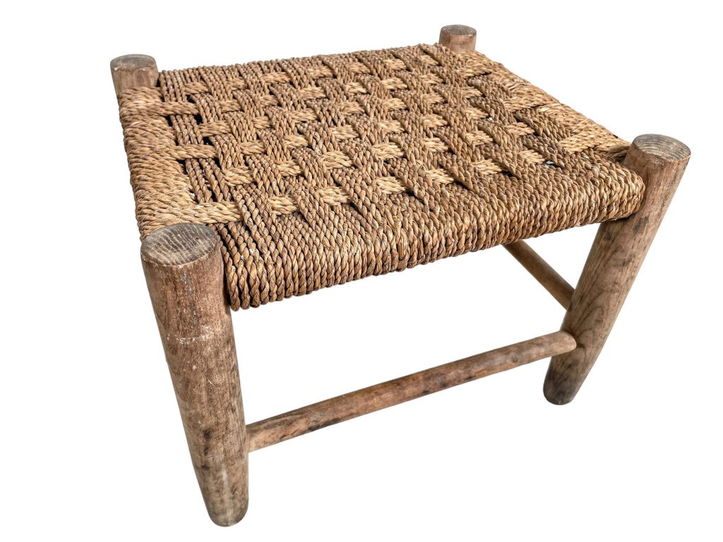 Vintage French Raffia Brown Wood Wooden Woven Strung Footstool Foot Stool Rest Footrest Display Stand circa 1970-80’s