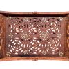 Vintage Indian Asian Ornately Hand Carved Wooden Tray Stand Plinth Trivet Dark Bone Inlaid Wood circa 1970-80's