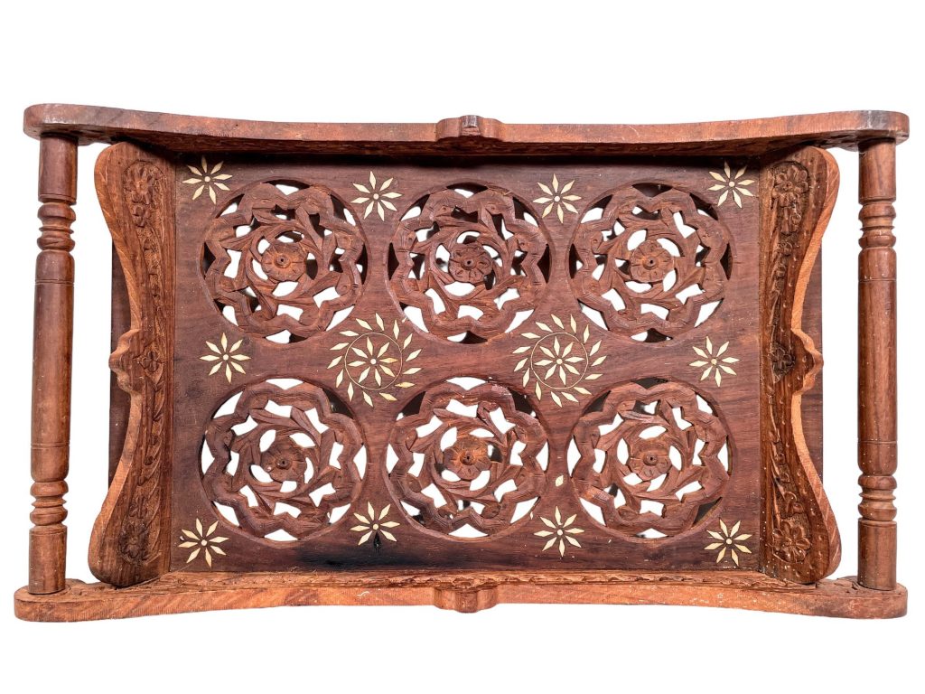 Vintage Indian Asian Ornately Hand Carved Wooden Tray Stand Plinth Trivet Dark Bone Inlaid Wood circa 1970-80’s