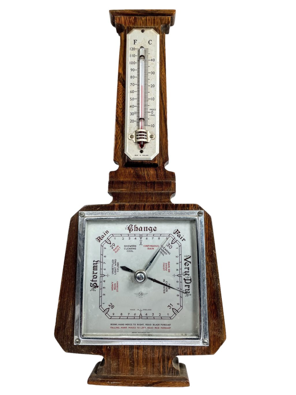 Vintage French Square Shaped Metal Wood Barometer Barometre Thermometer Weather Forecasting Instrument Hanging Wall c1950-60’s