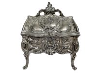 Antique French Silver Plated Brass Jewellery Jewelry Trinket Box Ring Velvet Lined Dressing Table Wedding Romantic Gift c1910's