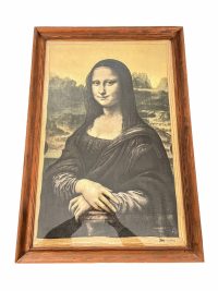 Vintage French Large Framed Print On Fabric Mona Lisa Bony France Copy Reproduction In Wood Frame Leonardo da Vinci c1960-70’s 2