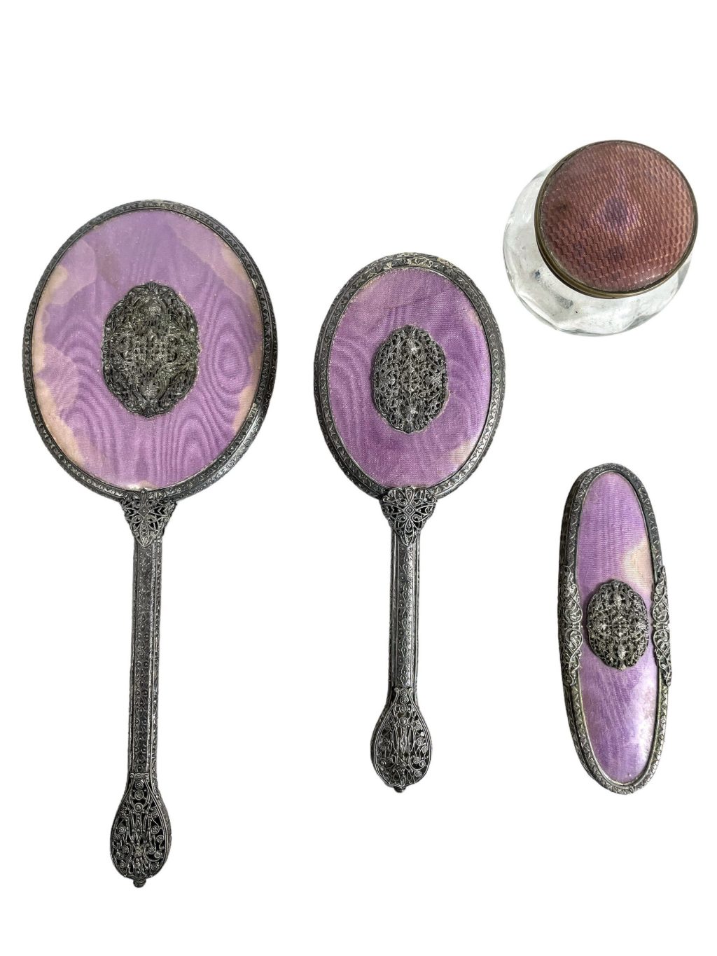 Vintage English Vanity Hairbrush Brush Mirror Pot Dressing Table Beauty Set circa 1960’s
