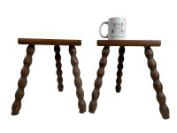 Alternative view of Vintage French Pair Of Wooden Bobbin Leg Milking Stool Chair Seat Table Farm D Shaped Seat Plant Rest Stand Plinth Tabouret c1960-70's
