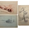 Vintage French Pencil Drawing x 3 Rural Rustic Countryside Boat Study Art Wall Decor c1950-60's
