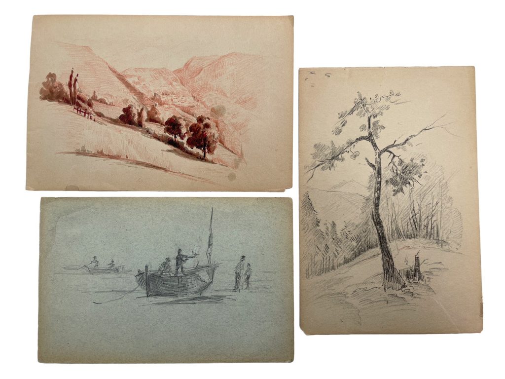 Vintage French Pencil Drawing x 3 Rural Rustic Countryside Boat Study Art Wall Decor c1950-60’s