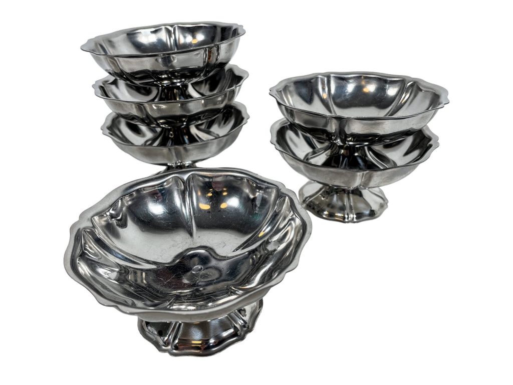 Vintage French Silver Steel Metal Small Ice Cream Sweet Pudding Cup Bowls Dishes Set Of Six circa c1970-80’s