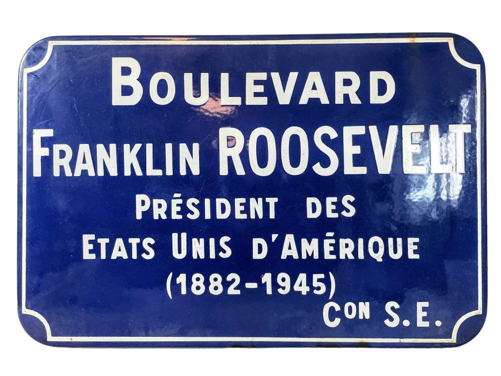 Vintage French Original Iron Enamel Street Sign Boulevard Franklin Roosevelt Metal Road Display c1971
