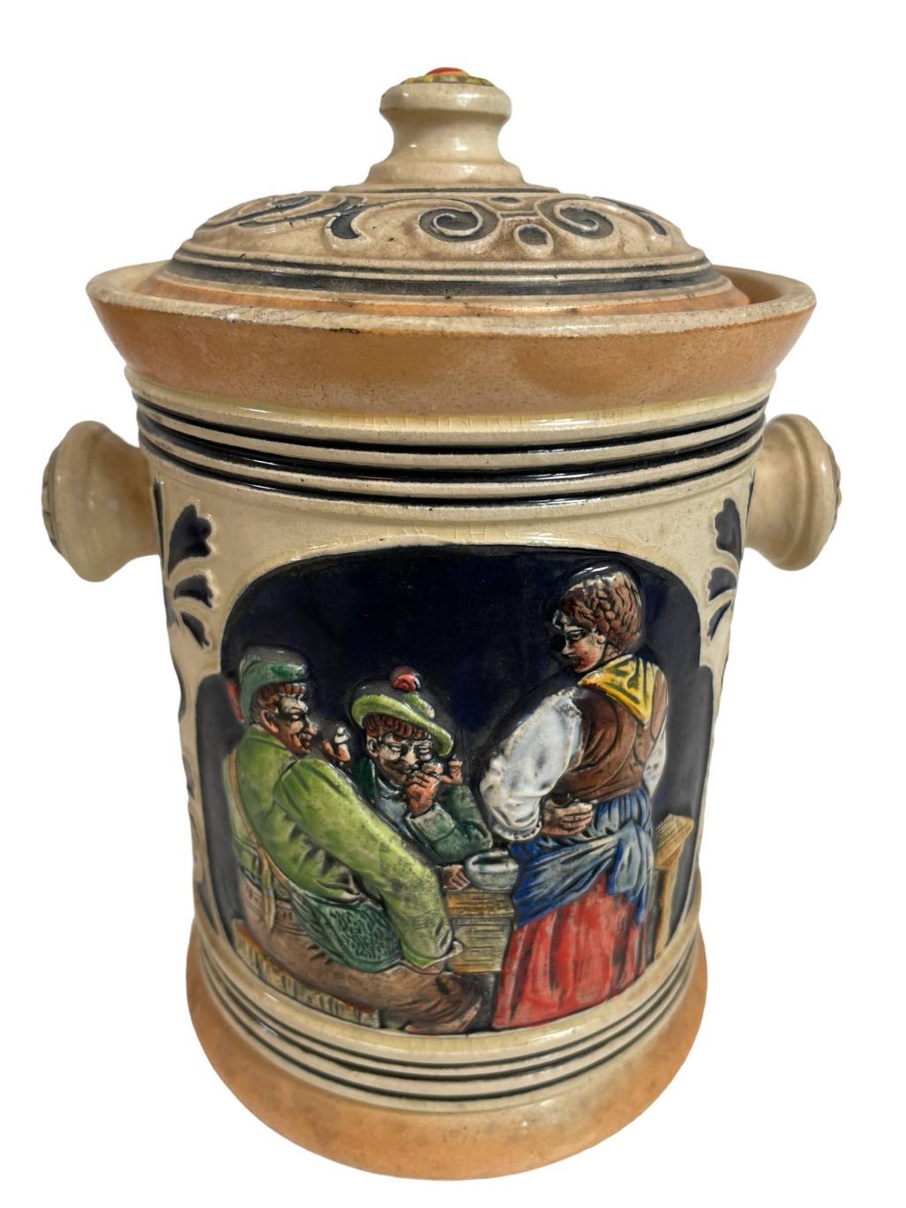 Vintage German Ceramic Tobacco Pot Humidor Smoking Pipe Tobacciana Storage Box Decorated circa 1950-60's