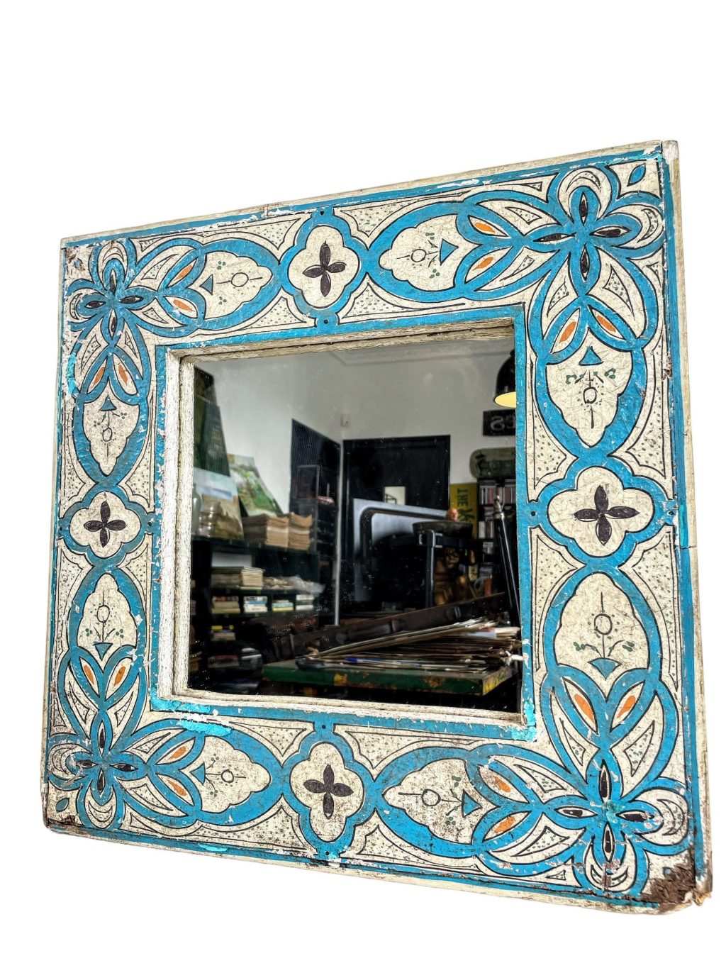 Vintage Moroccan Mirror Wood Framed Wall Hanging Heavy Blue Hand Painted Decor Bathroom Hallway DAMAGED c1960-70’s
