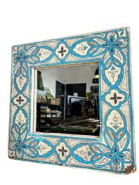 Vintage Moroccan Mirror Wood Framed Wall Hanging Heavy Blue Hand Painted Decor Bathroom Hallway DAMAGED c1960-70's
