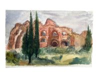 Vintage French Water Colour Paint Painting Trees Scenery Ruin Landscape On Paper Cyprus Trees "Reclamation" c1970-80's