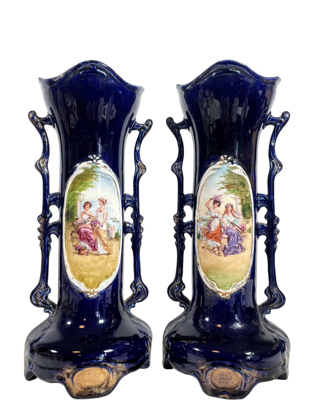 Antique Austrian Blue White Large Vases Pair Pot Jar Handled Vase Storage Mantlepiece circa 1910’s