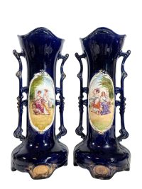 Antique Austrian Blue White Large Vases Pair Pot Jar Handled Vase Storage Mantlepiece circa 1910’s 5