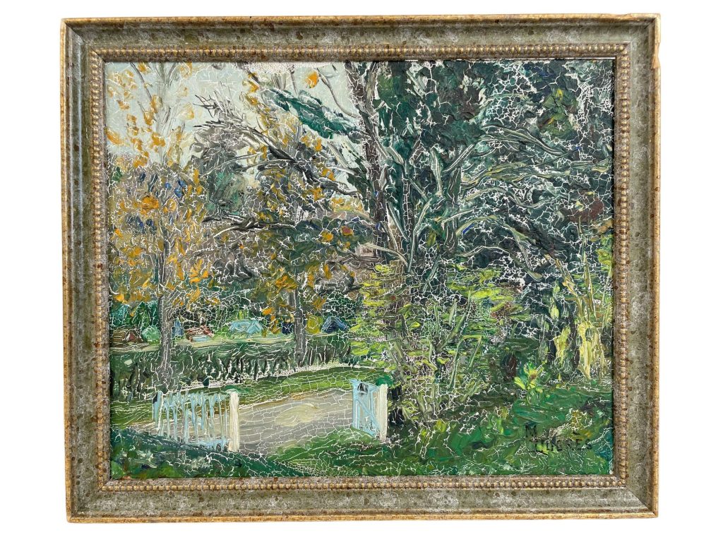 Vintage French Garden GateTrees Tree Woodland Oil Painting On Woodchip Board Signed circa 1978