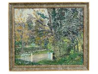 Vintage French Garden GateTrees Tree Woodland Oil Painting On Woodchip Board Signed circa 1978