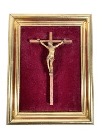 Vintage French Wood Metal Jesus Cross Crucifix In Golden Frame Hanging Monk Monastry Nun Nunnery Roman Catholic c1960-70’s