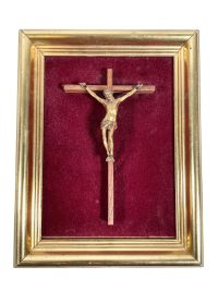 Vintage French Wood Metal Jesus Cross Crucifix In Golden Frame Hanging Monk Monastry Nun Nunnery Roman Catholic c1960-70's