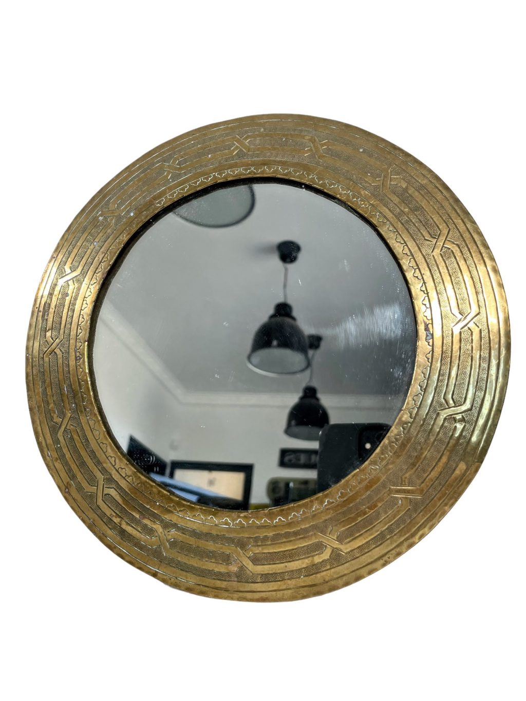Vintage Moroccan Arabian Tunisian Islamic Hand Made Mirror Brass Metal Glass Wall Hanging Decor Theme c1970-80's