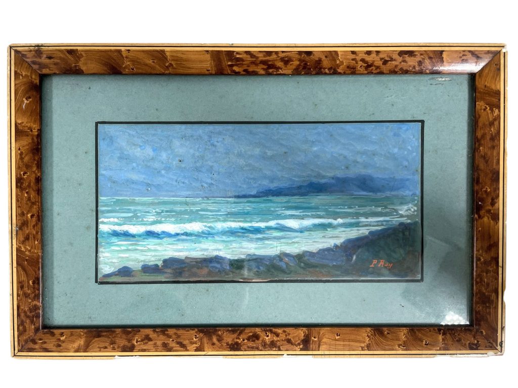 Vintage French Seaside Snow Coastal Estuary River Sea Painting Framed Wall Decor circa 1950-60’S