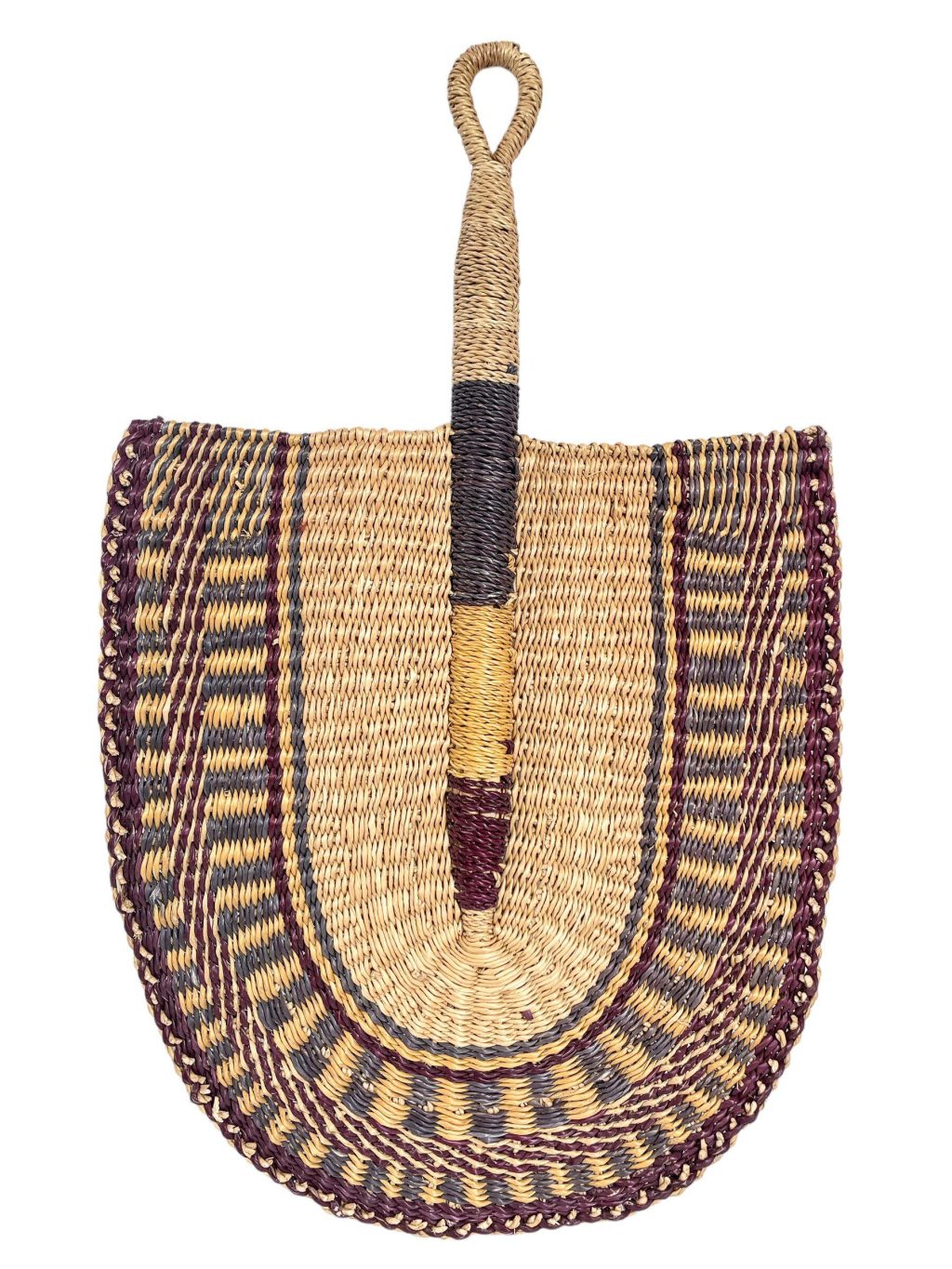 Vintage Asian Brown Woven Strung Rattan Raffia Hand Fan Cooling Aid circa 1980-90's