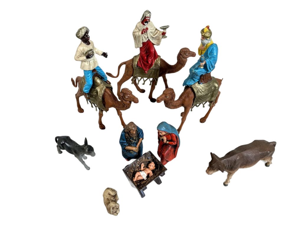 Vintage French mixed material nativity religious figurines ornaments mixed collection assorted scales circa 1970-80s of Europe