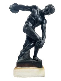 Vintage French Greek Discobolus Decorative Copper Stone Ornament Decor Reproduction Ancient Greece Statue Sculpture c1960's
