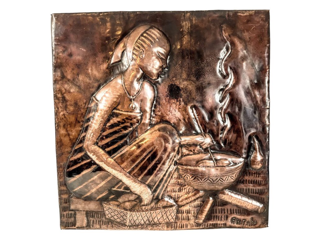 Vintage African Hand Beaten Signed Kitsba Repousse Metal Decorative Wall Hanging Plaque Ornament Figurine Sculpture Tribal Art c1980’s