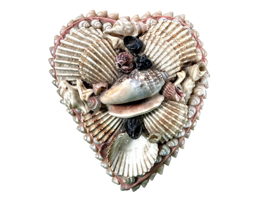 Vintage French Hand Made Sea Shell Pink Heart Shaped Gift Treasure Box Trinket Dish Catch All circa 1970’s