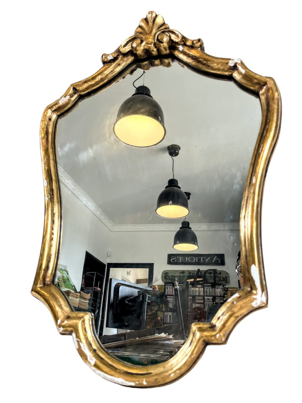 Vintage French Large Mirror Plaster Coated Wood Framed Wall Hanging Heavy Golden Decor Bathroom Hallway DAMAGED c1960-70’s