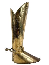 Vintage French Brass Armour Boot With Spur Metal Umbrella Walking Stick Stand Storage Pot Container Hallway Entryway c1960-70's