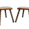Vintage French Pair Of Wooden Bobbin Leg Milking Stool Chair Seat Table Farm D Shaped Seat Plant Rest Stand Plinth Tabouret c1960-70's