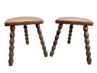 Vintage French Pair Of Wooden Bobbin Leg Milking Stool Chair Seat Table Farm D Shaped Seat Plant Rest Stand Plinth Tabouret c1960-70's
