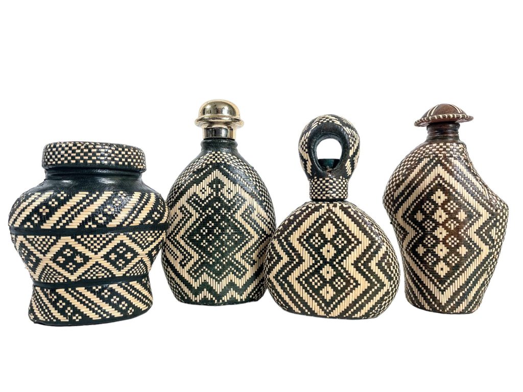 Vintage Native American Basketry Leather Wrapped Perfume Potion Glass Bottles Jars Ornament Decoration Storage Art c1960-70’s
