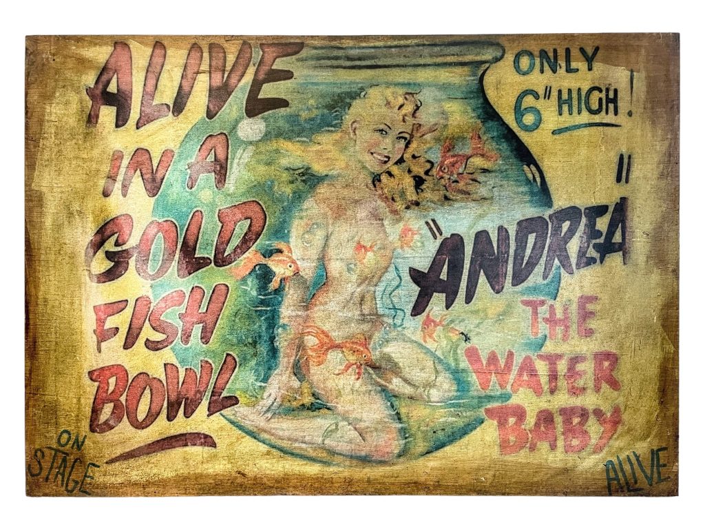 English Large Andrea The Water Baby Alive In A Goldfish Bowl Reproduction Sign Display Advertising Man Cave Commercial Fairground Attraction Wall Decor On Wooden Board
