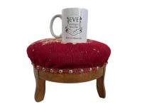 Alternative view of Vintage French Cushioned Bench Foot Stool Red Pink Rose Padded Bench Wooden Wood Chair Seat Side Prop Display Cross Stitch c1950's