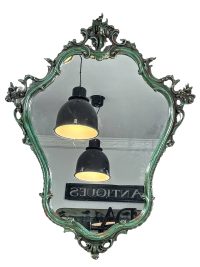 Vintage French Painted Artificially Aged Green Wooden Wall Hanging Large Ornate Mirror Wood Glass Cloakroom Hallway circa 1970's