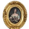 Vintage French Lady Fabric Print In an Ornately Oval Shaped Gold Painted Frame Wall Decor c1960-70's